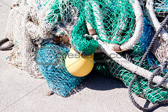 fishnet trawl rope putdoor in summer at harbour