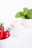 tasty tomatoe mozzarella salad with basil on white 