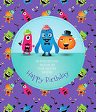 Hipster Monster Happy Birthday Card. Vector Illustration