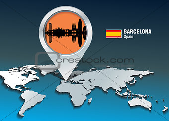 Map pin with Barcelona skyline