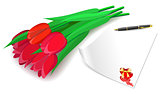 Red tulips and love letter on a white background.