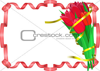 Red tulips with yellow and red ribbons are on white background.