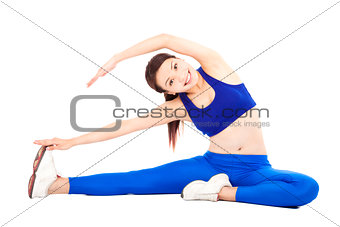 smiling  woman doing core workout, warm up  body