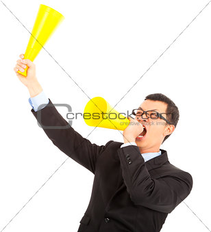 Businessman  encouraging and inspiring with cheering megaphone