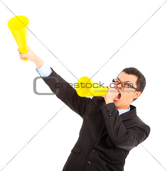 asian businessman  encouraging with cheering megaphone