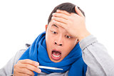  young man with a fever temperature, surprising expression