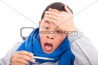  young man with a fever temperature, surprising expression