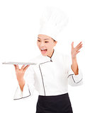 amazing cook woman chef holding tray
