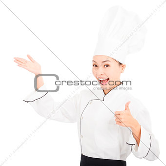 young graceful woman dressed as a cook with thumb up
