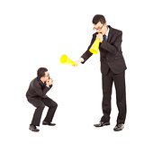 businessman blame or encourage to worker with megaphone