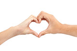 two hands make heart shape on white background