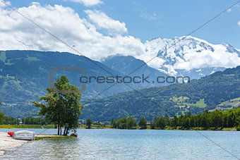Lake Passy and Mont Blanc mountain massif summer view.