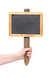 Chalkboard sign on hand isolate on white