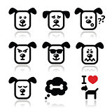 Dog icons set - happy, sad, angry isolated on white