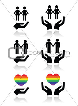 Gay and lesbian couples, rainbow flag with hands icons set
