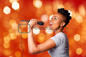 Singing kareoke woman with microphone