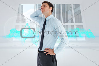 Composite image of thinking businessman with hand on head