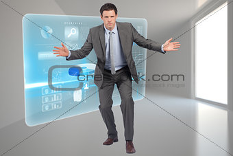 Composite image of businessman standing with arms out