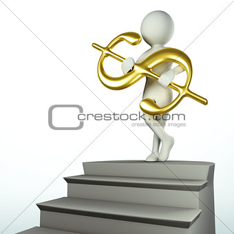 3D man at the top of the stairs holds golden dollar sign
