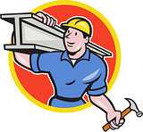 Construction Steel Worker Carry I-Beam Circle Cartoon