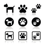 Dog, paw prints vector icons set