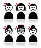 Poeple with hearts, love, valentine's day icons set