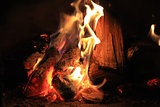 Bright fire in the fireplace. Burning wood photographed close.