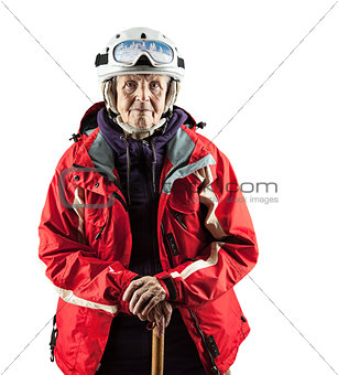 Senior woman in ski jacket and helmet over white. With clipping path.