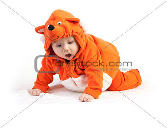 Baby boy in fox costume looking down with surprise over white