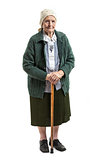 Old woman with a cane on a white background