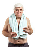 Portrait of relaxed middle aged man holding towel, isolated over white background