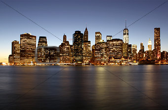 Twilight as the sun sets over Lower Manhattan. Famous New York l