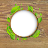 Abstract Green Leaves Banner With Wood Background