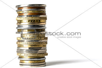 Various coins arranged in stack