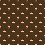 Seamless vector pattern background with big chocolate brown cupcakes, muffins, sweet cake and red heart on top.