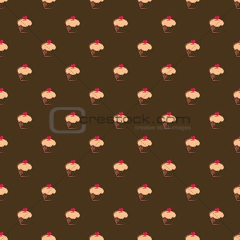 Seamless vector pattern background with big chocolate brown cupcakes, muffins, sweet cake and red heart on top.