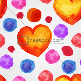 Vector Seamless Pattern with Watercolor Hearts and splashes