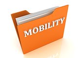 MOBILITY bright white letters on a orange folder