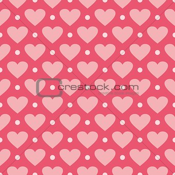 Pink vector background with hearts and polka dots.