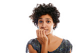 portrait of stressed woman biting fingernail