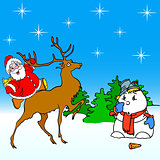 santa claus rides on deer and snowman