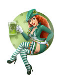 Girl in leprechaun suit with beer. Saint Patrick day.