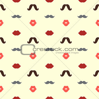 Hipster Lips and Mustaches Vector Seamless Pattern, Illustration