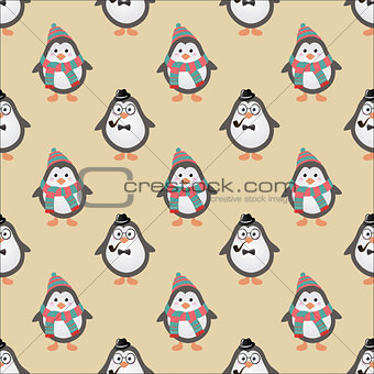 Cute Hipster Penguins Seamless Background. Vector Illustration