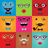 Set of funny hipster monster eyes and face expressions. Vector illustration. Party design elements and masks.