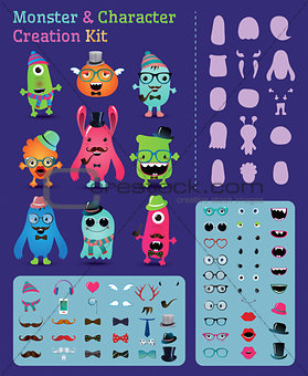 Hipster Freaky Monster and Character Creation Kit. Fully editable and customizable. Vector illustration.