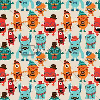 Vector Cute Retro Hipster Monsters Seamless Pattern, Background
