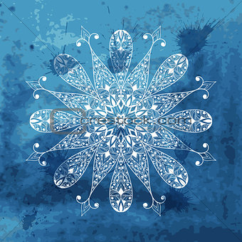 Vector white snowflake on watercolor blue background and blobs
