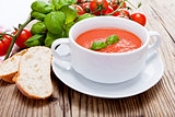 tasty fresh tomato soup basil and bread