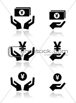 Hands with yen banknote, coin vector icons set